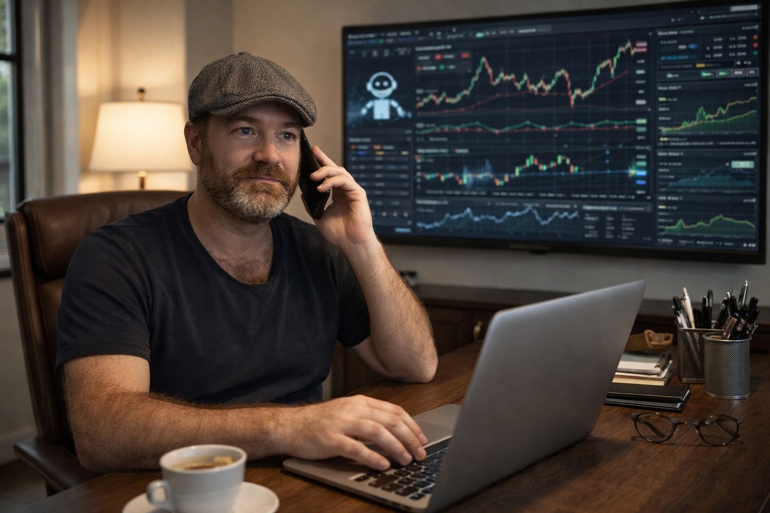 Trader using AI Forex Robot in a premium workspace